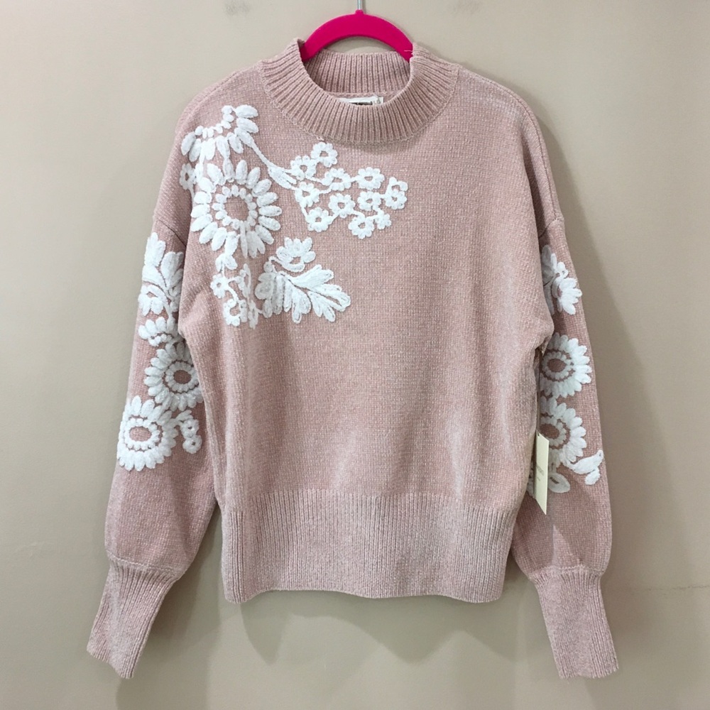 NWT Cynthia Rowley Mauve Textured Knit Floral Embroidered Mock Neck Sweater Sz M